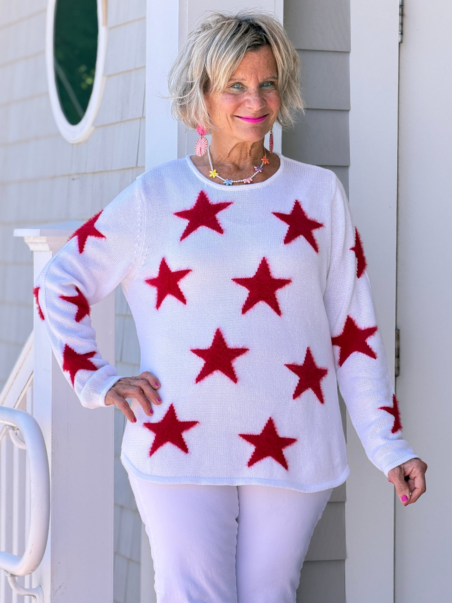 LULU B DOCKSIDE WHITE RED STAR FUZZY SWEATER