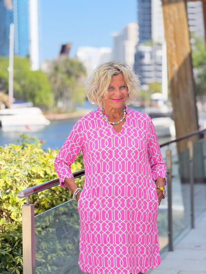 LULU B PALM BEACH LATTICE SCALLOP SLEEVE DRESS