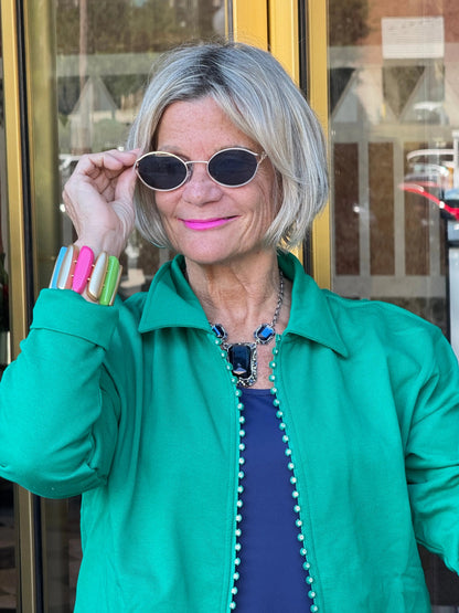 Crystal Zipper Cardigan with Collar Kelly Green