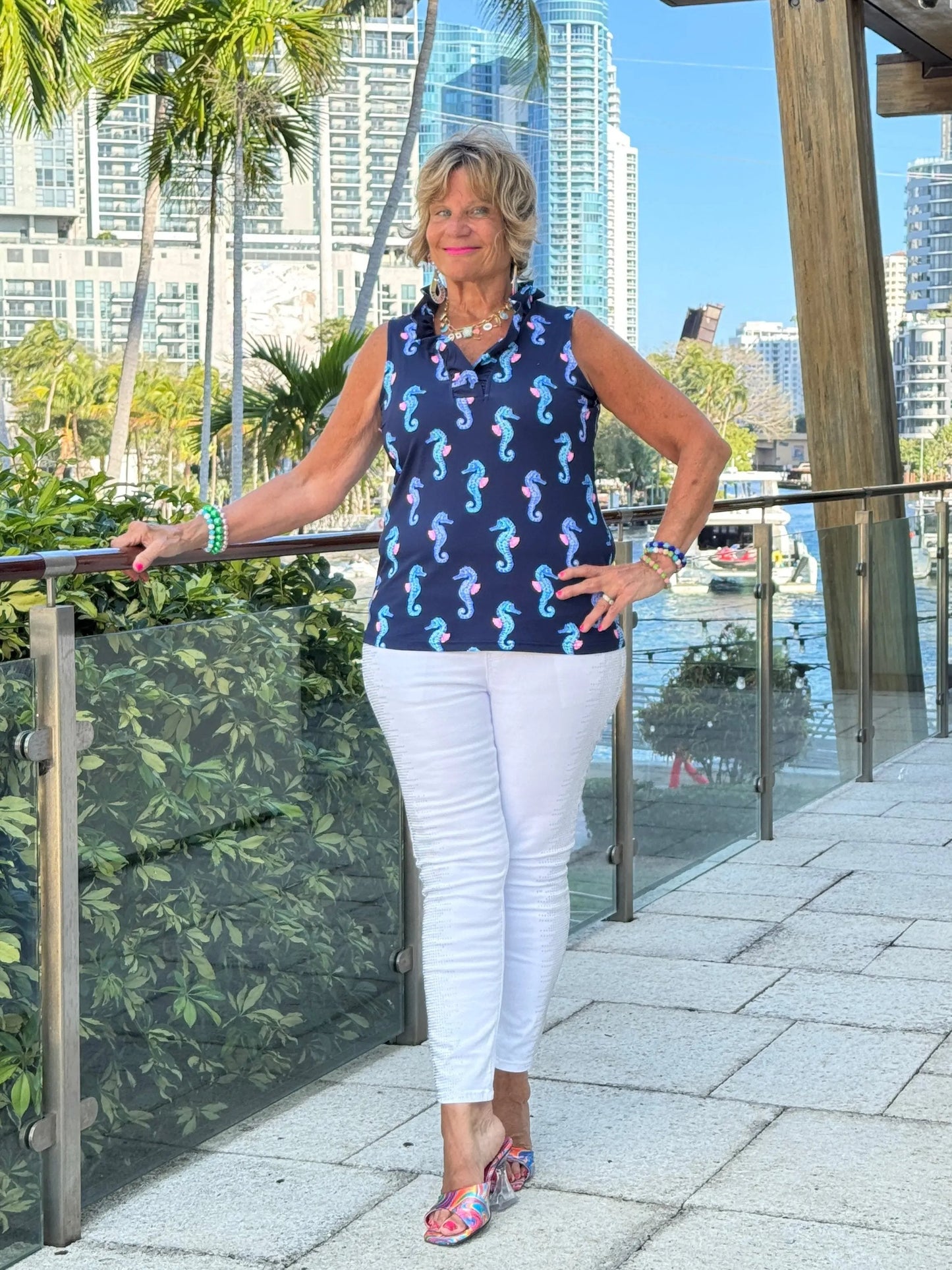 LULU B MIDNIGHT REEF SLEEVELESS RUFFLE TOP
