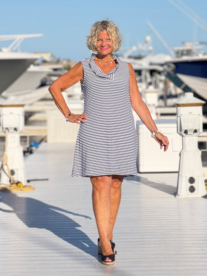 DOCKSIDE NAVY SLEEVELESS RUFFLE DRESS