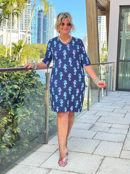 LULU B MIDNIGHT REEF ELBOW SLEEVE DRESS