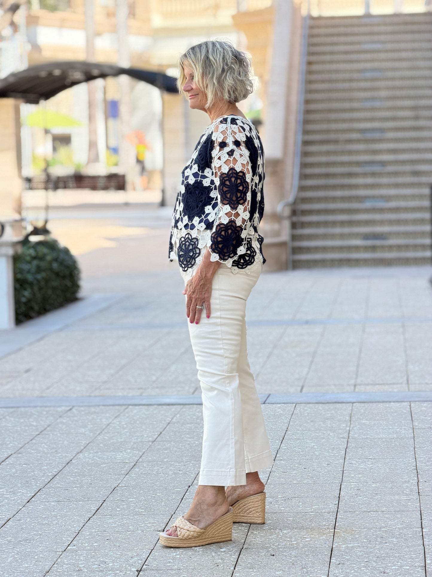 Cotton Crochet Flower Top- MARINE NAVY