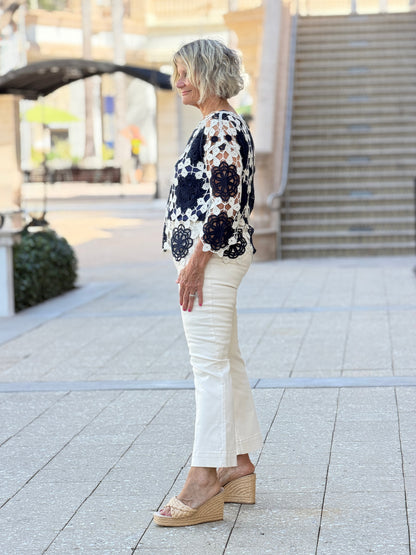 Cotton Crochet Flower Top- MARINE NAVY
