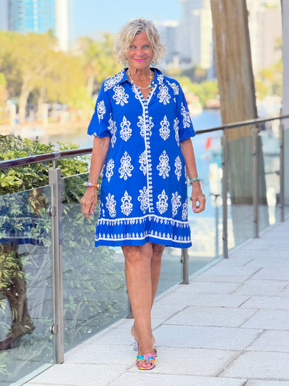 Geometric Collar Button Front Short Puff Sleeve Mini Dress