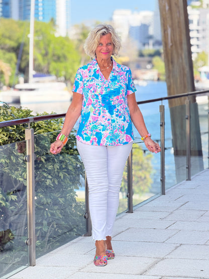 LULU B PALM BEACH SPLASH COLLAR SHORT SLEEVE