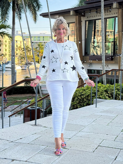 LULU-B WHITE AND BLACK STAR CHENILLE SWEATER