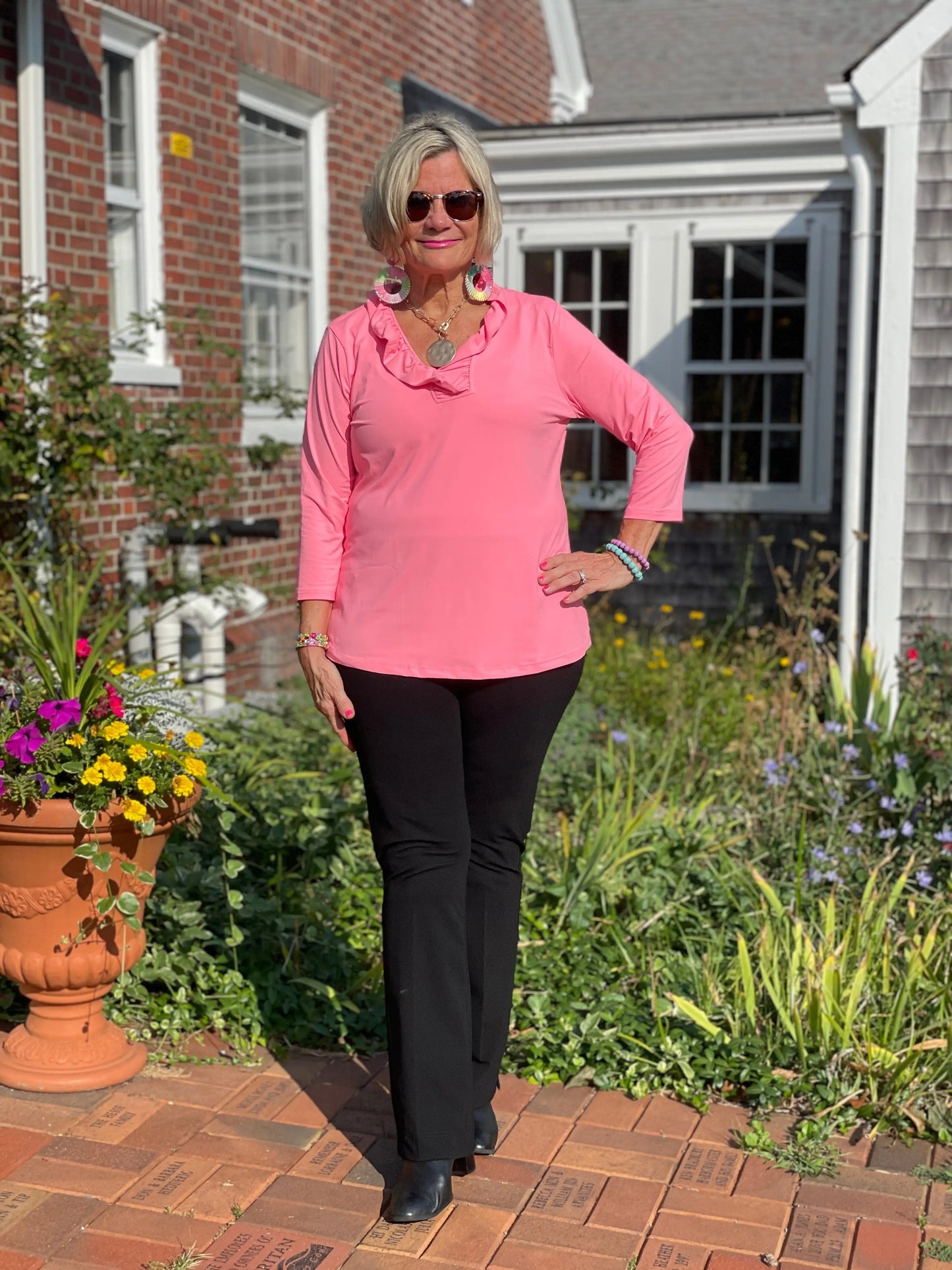 LULU-B SOLID CORAL RUFFLE TOP