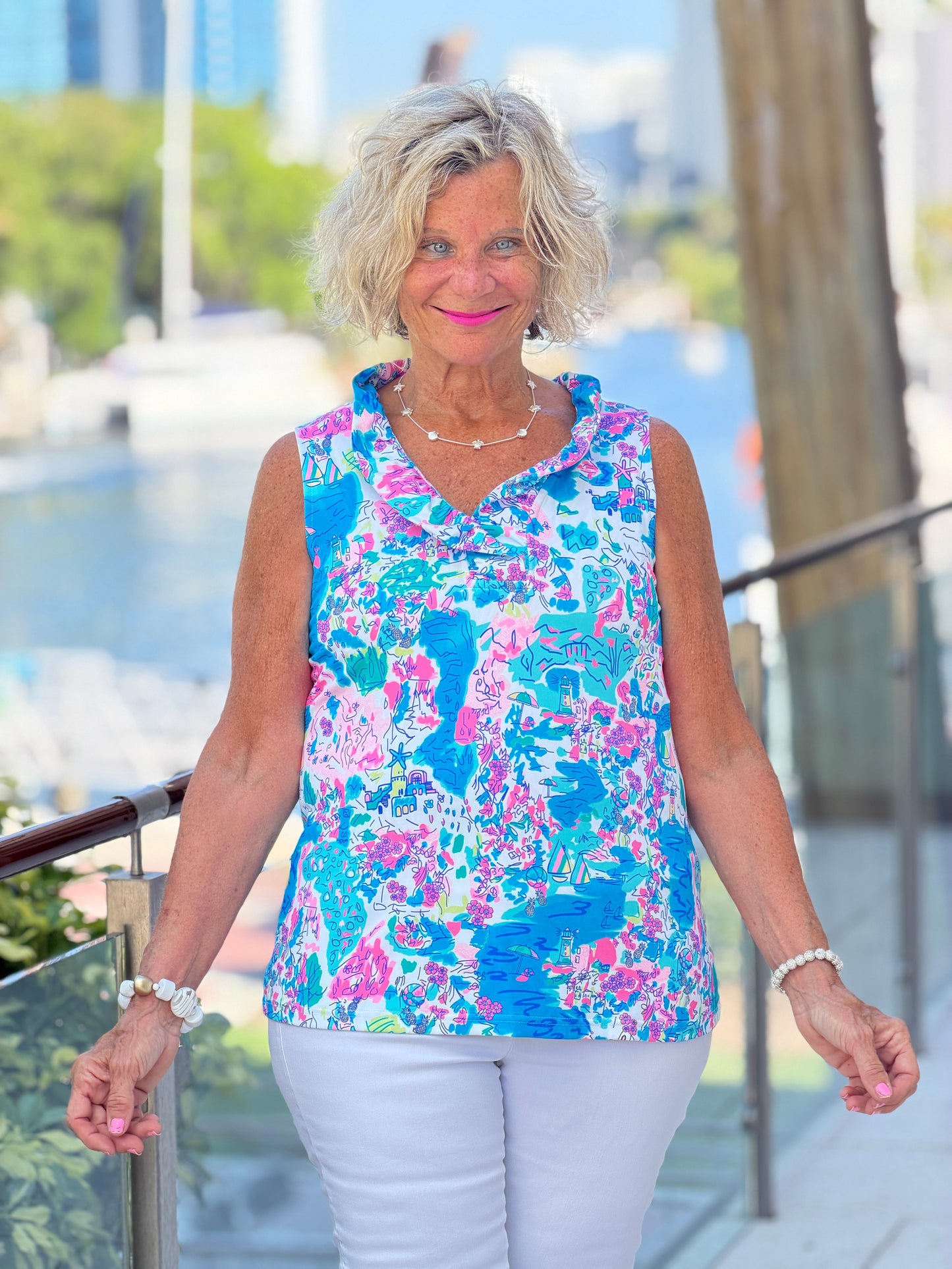 LULU B PALM BEACH SPLASH SLEEVELESS RUFFLE