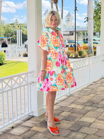 Fashion-W Floral Short Sleeve Buttoned Babydoll BOHO Dress