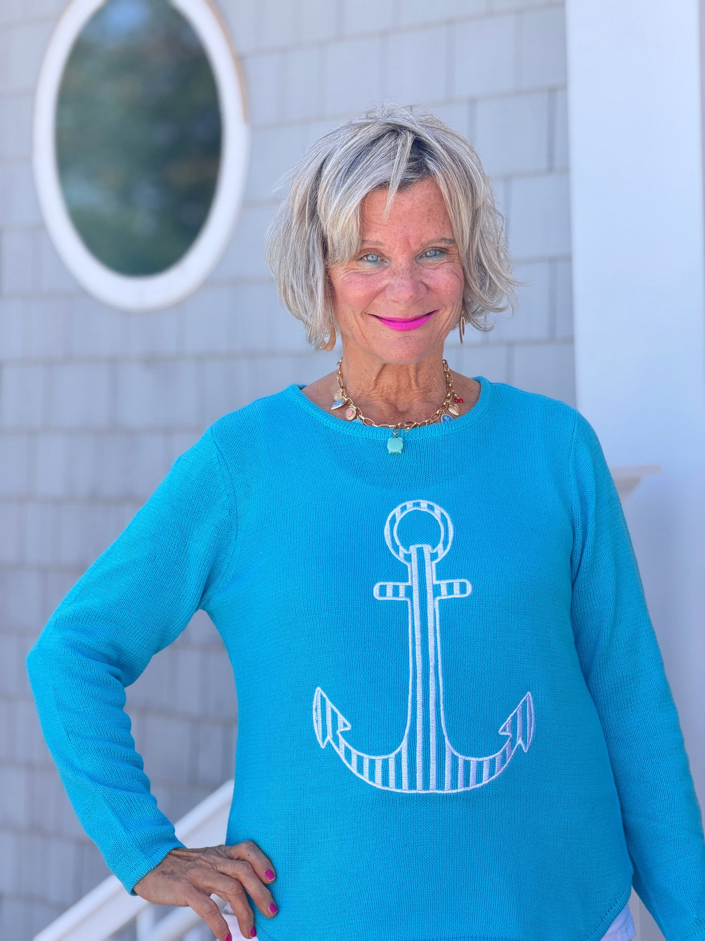 DOCKSIDE NAUTICAL AQUA STRIPE ANCHOR SWEATER