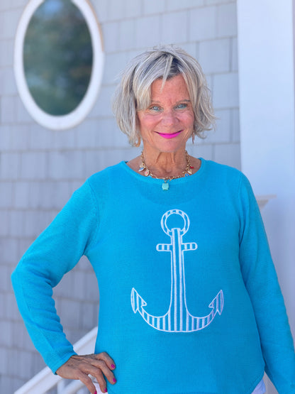 DOCKSIDE NAUTICAL AQUA STRIPE ANCHOR SWEATER