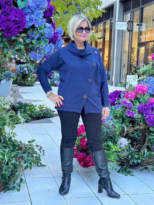 LULU-B NAVY BUTTON ASYMMETRICAL TOP