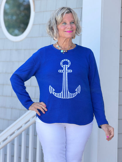DOCKSIDE NAUTICAL COBALT STRIPE ANCHOR SWEATER