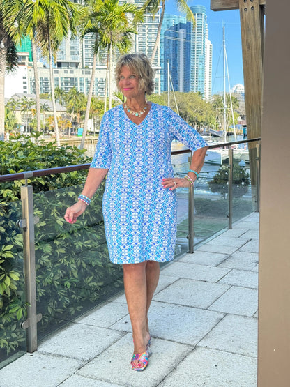LULU B COASTAL BLOOM ELBOW SLEEVE DRESS