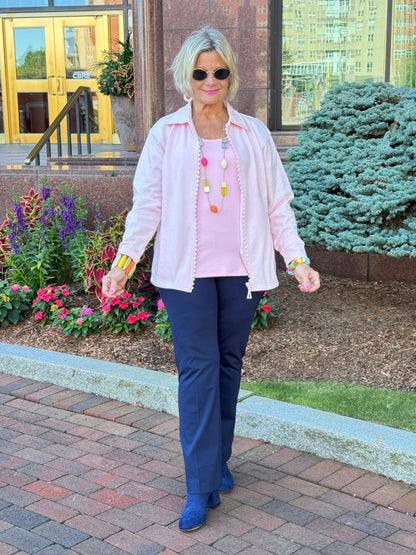 Crystal Zipper Cardigan with Collar Pink