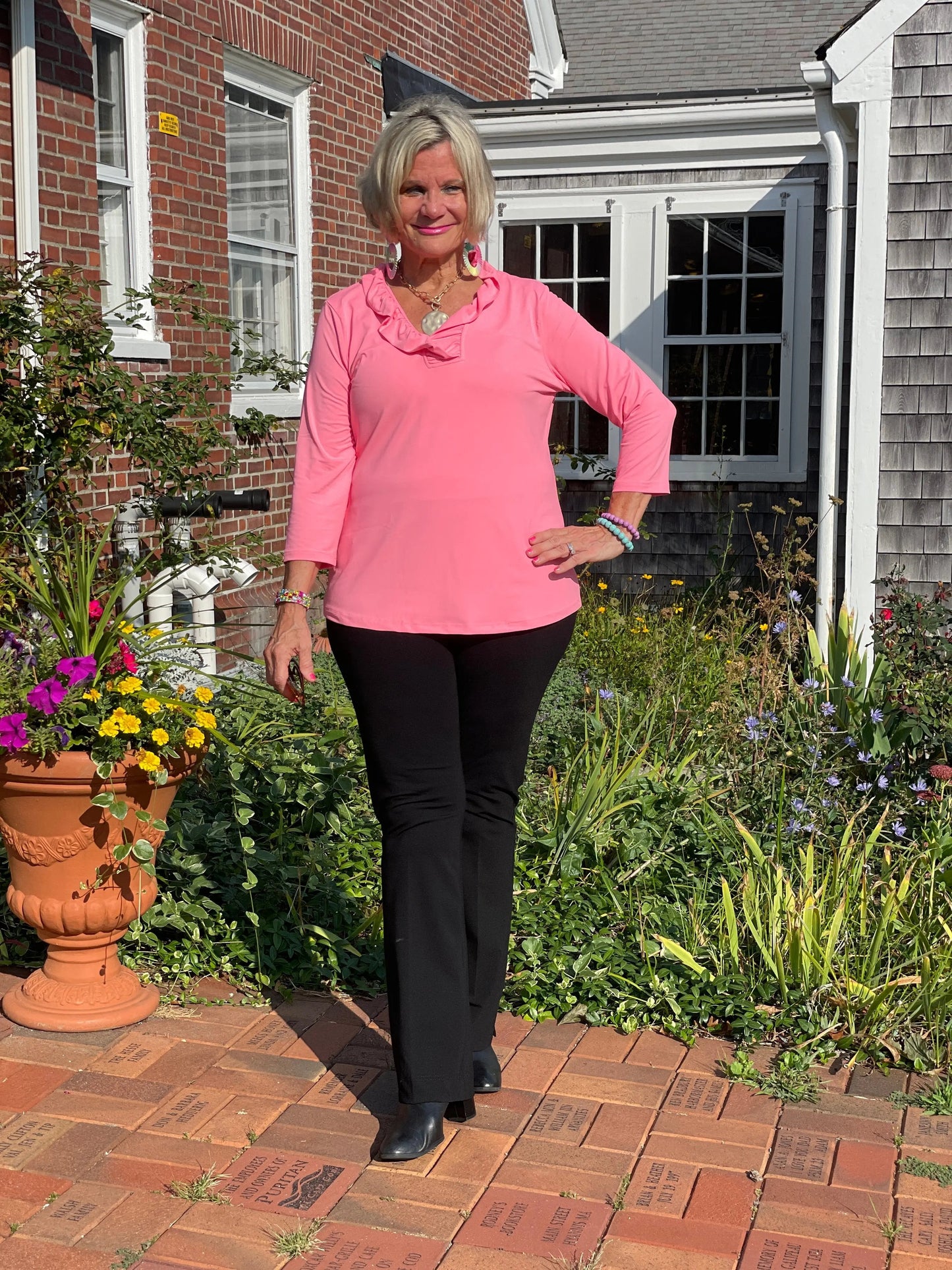 LULU-B SOLID CORAL RUFFLE TOP