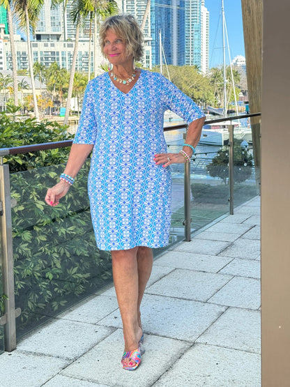LULU B COASTAL BLOOM ELBOW SLEEVE DRESS