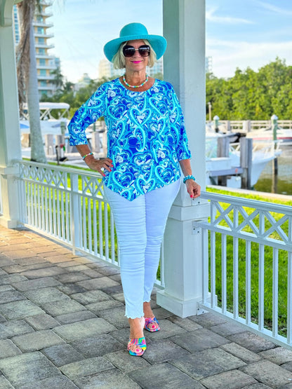 BLUE DREAMING HEARTS ASYMMETRICAL TOP