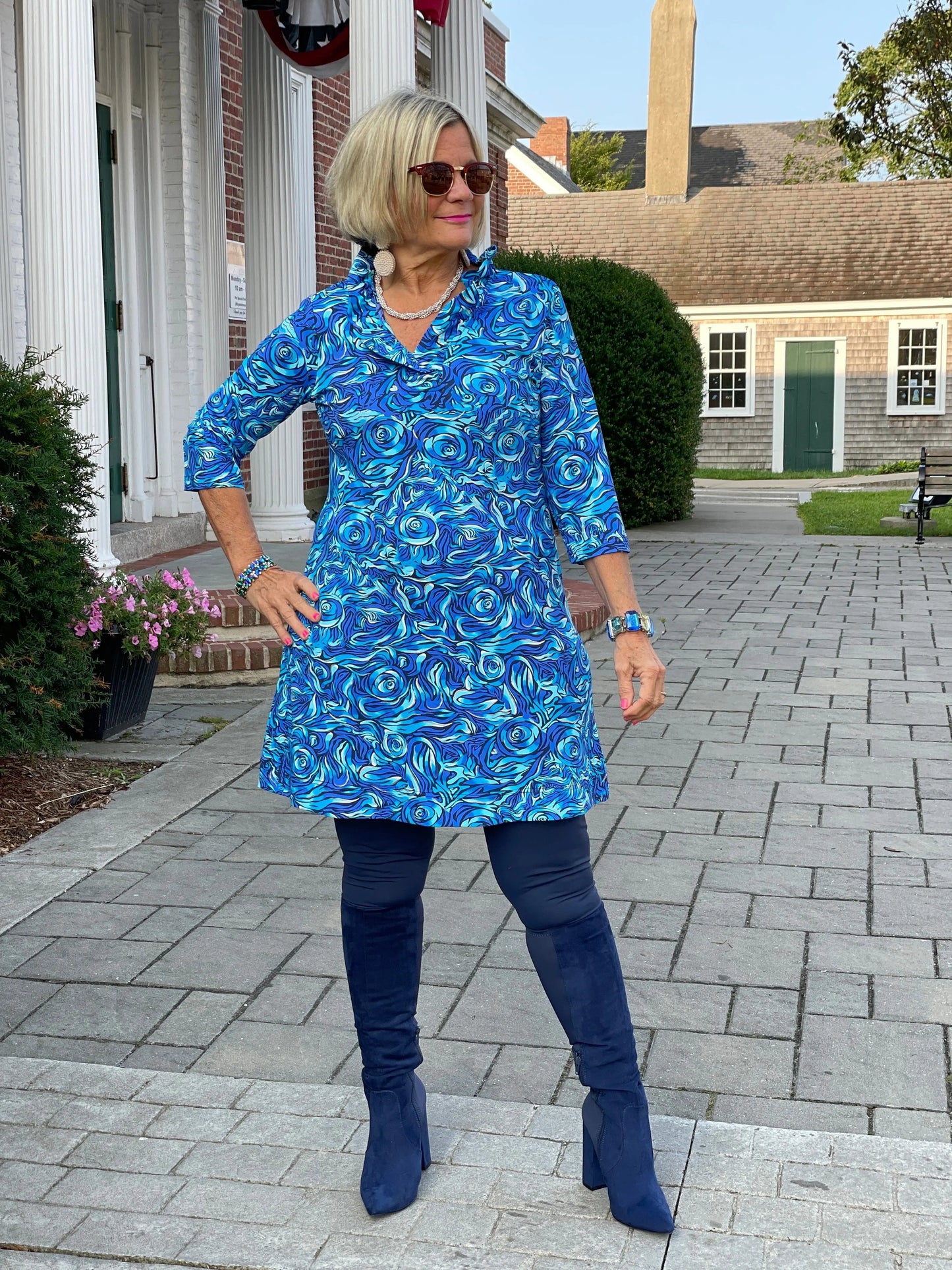 FANTASIA  BLUE RUFFLE NECK DRESS