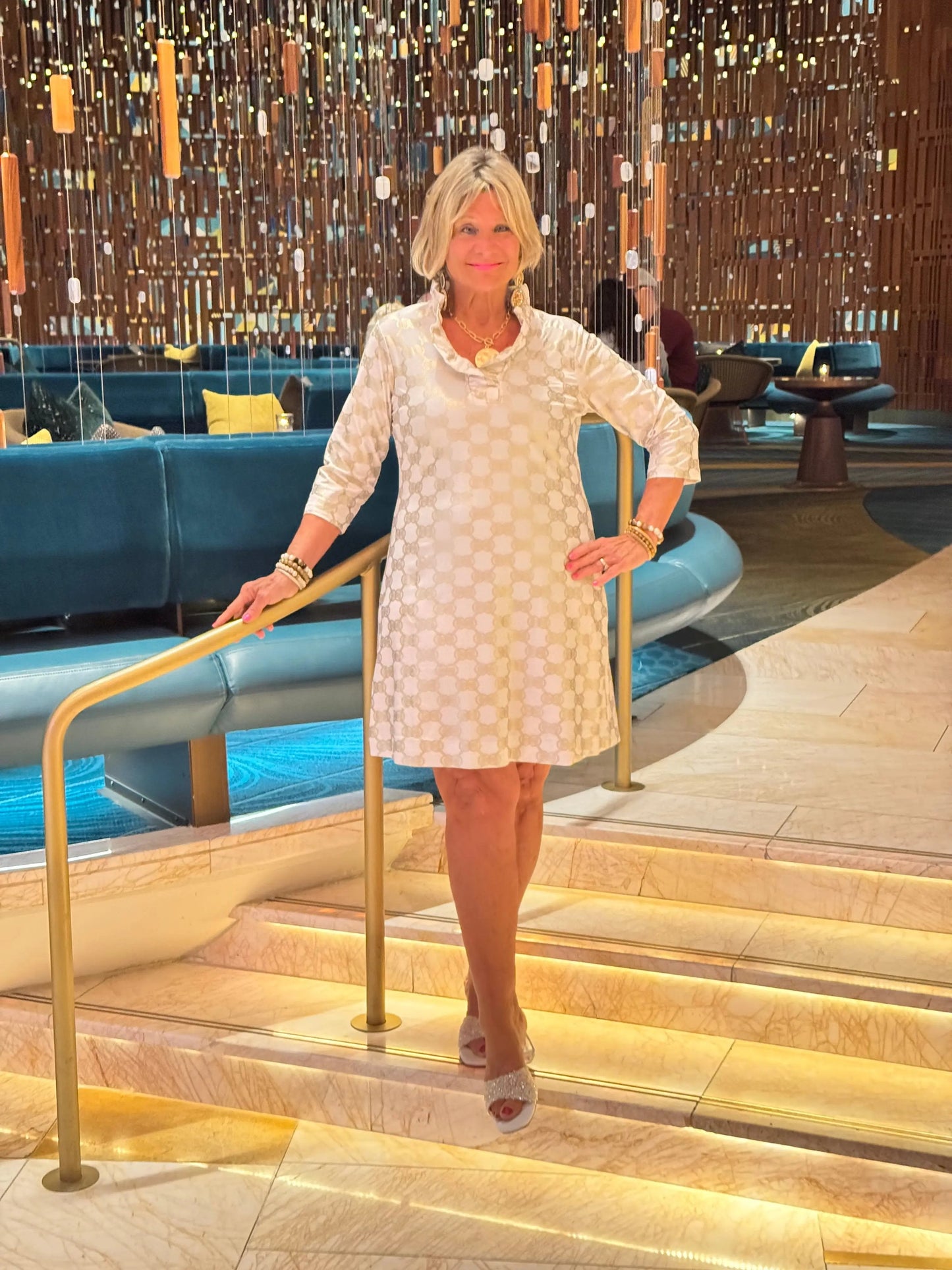 HOLIDAY GOLD AND WHITE RUFFLE DRESS