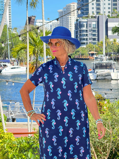 LULU B MIDNIGHT REEF HALF ZIPPER SHORT SLEEVE DRESS