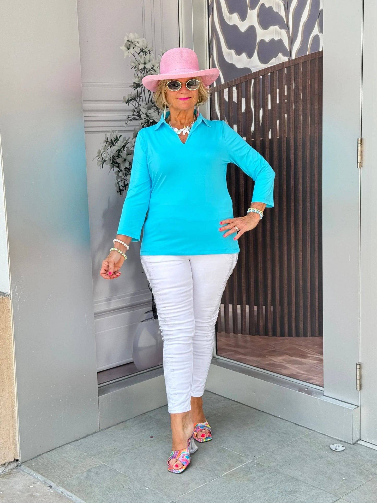 LULU-B SOLID AQUA COLLAR SLEEVE TOP