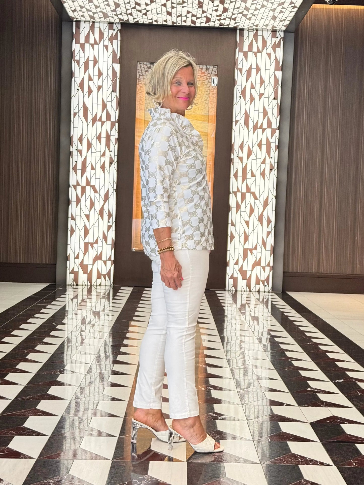 HOLIDAY GOLD AND WHITE RUFFLE TOP
