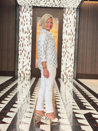 HOLIDAY GOLD AND WHITE RUFFLE TOP