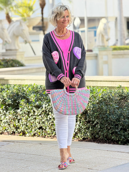 Chenille Patch Candy Hearts Relaxed Cardigan