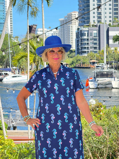 LULU B MIDNIGHT REEF HALF ZIPPER SHORT SLEEVE DRESS