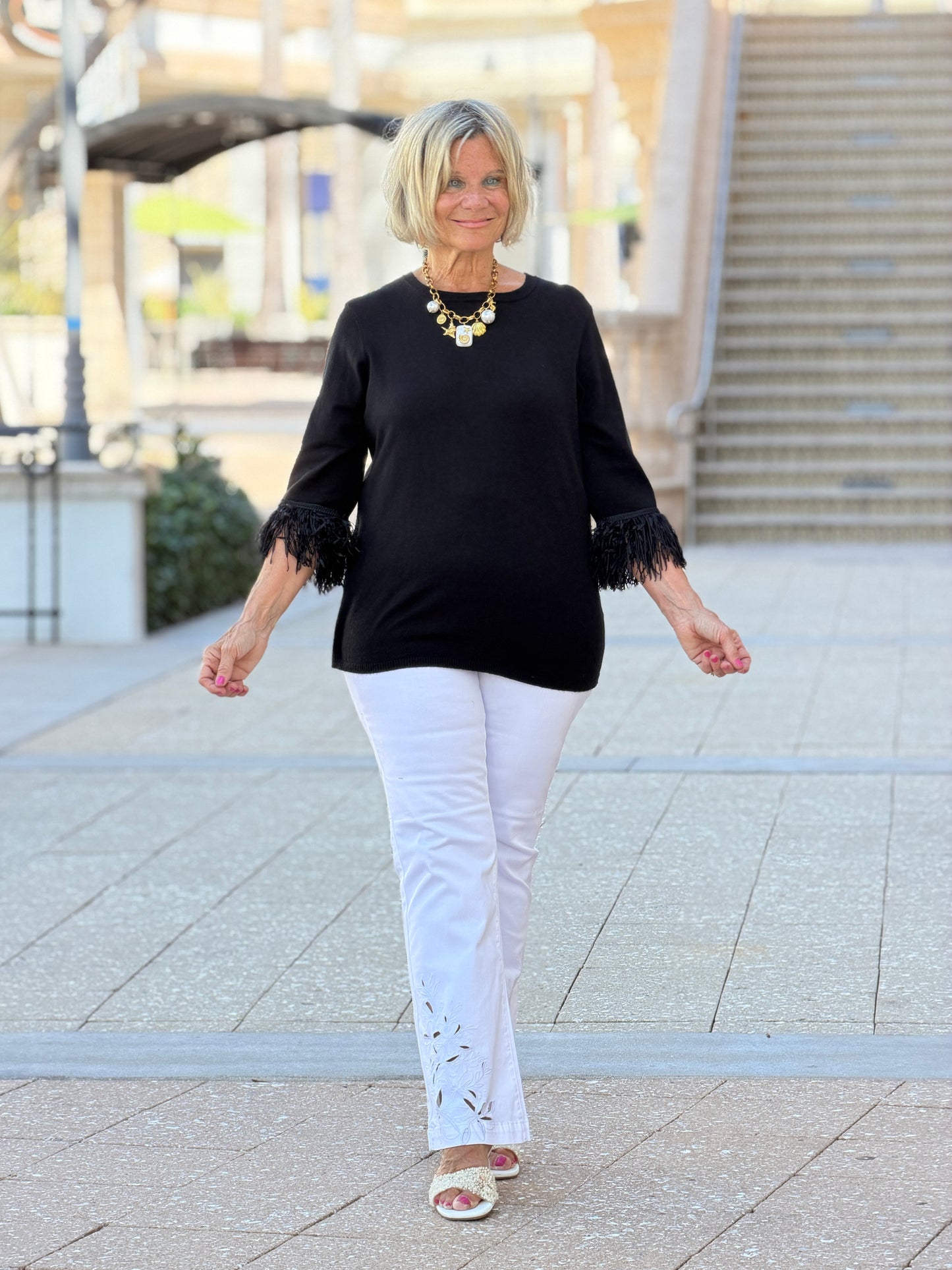 LULU-B BLACK SCOOP NECK FRINGE FANCY SWEATER