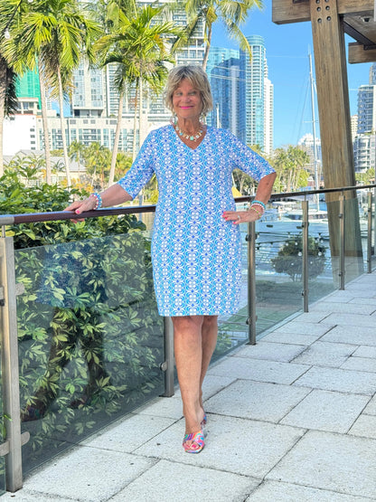 LULU B COASTAL BLOOM ELBOW SLEEVE DRESS