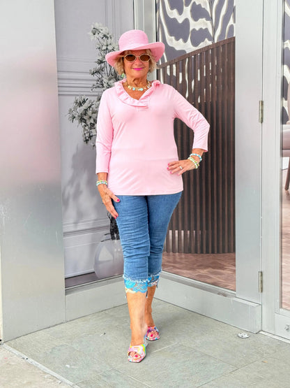 CLEAR PINK RUFFLE SLEEVE TOP