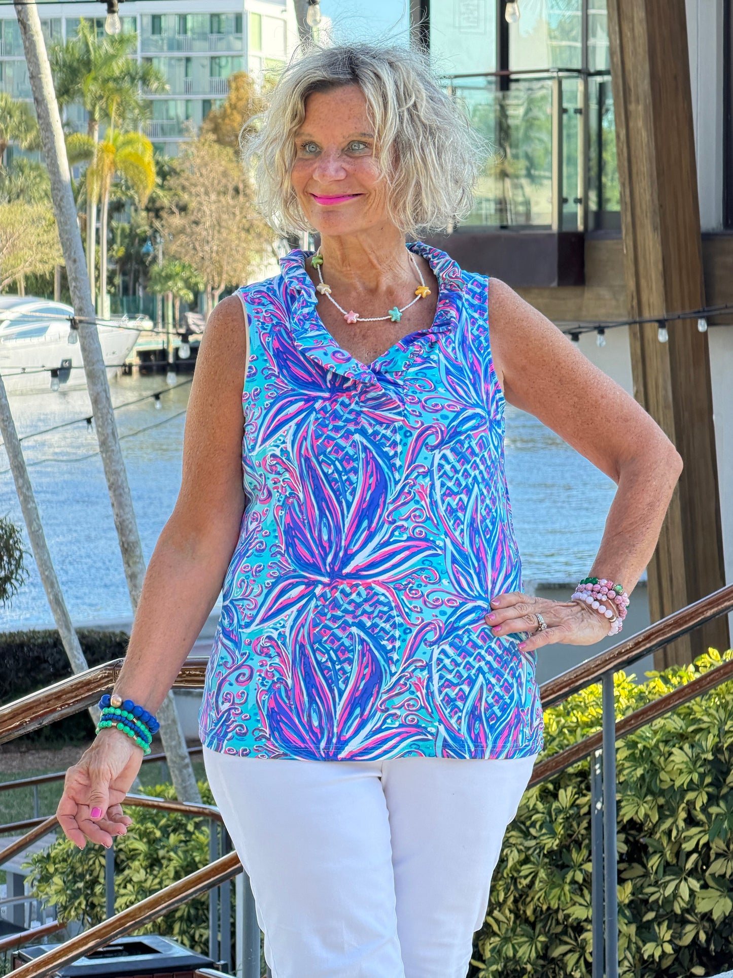 LULU B PALM ROYALE SLEEVELESS RUFFLE TOP