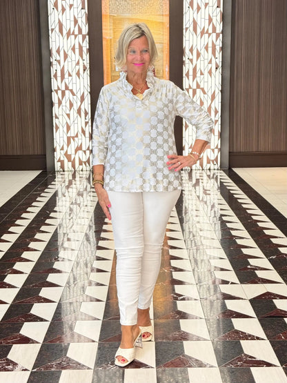 HOLIDAY GOLD AND WHITE RUFFLE TOP