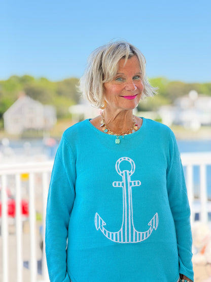 DOCKSIDE NAUTICAL AQUA STRIPE ANCHOR SWEATER