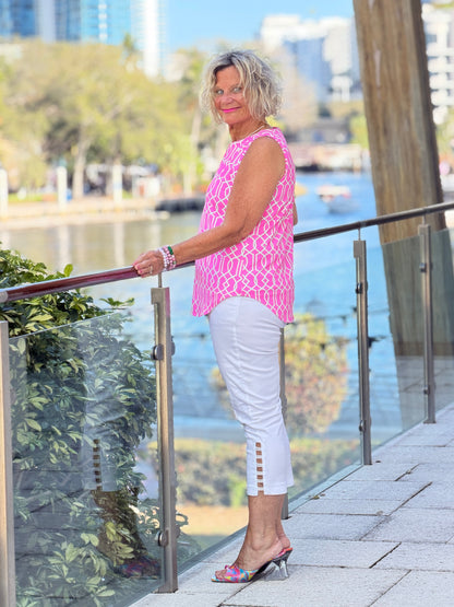 LULU B PALM BEACH LATTICE SLEEVELESS RUFFLE TOP
