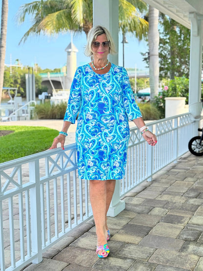 BLUE DREAMING HEARTS SLEEVE DRESS