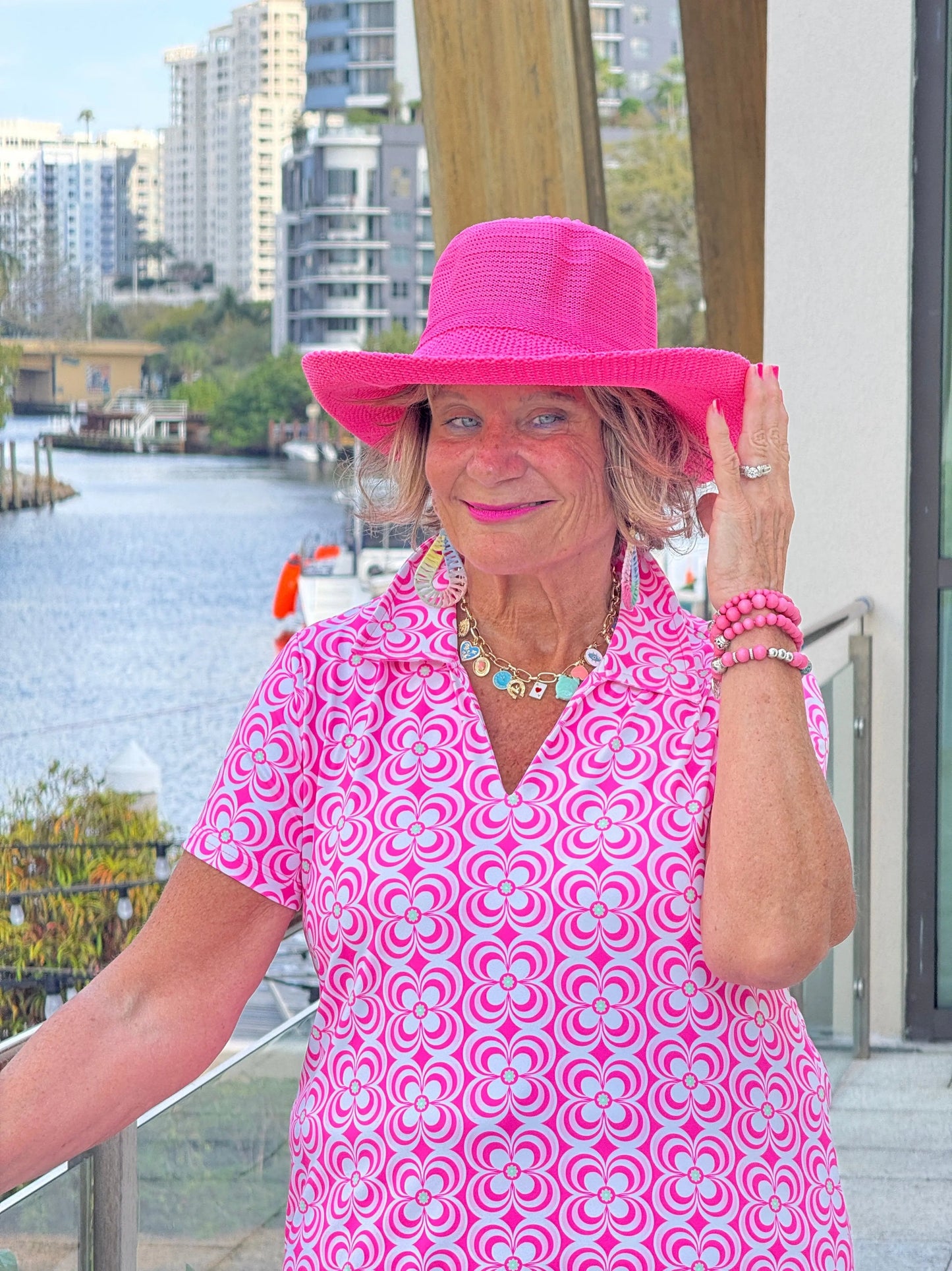 LULU B TROPIC PETALS SHORT SLEEVE V-NECK COLLAR TOP
