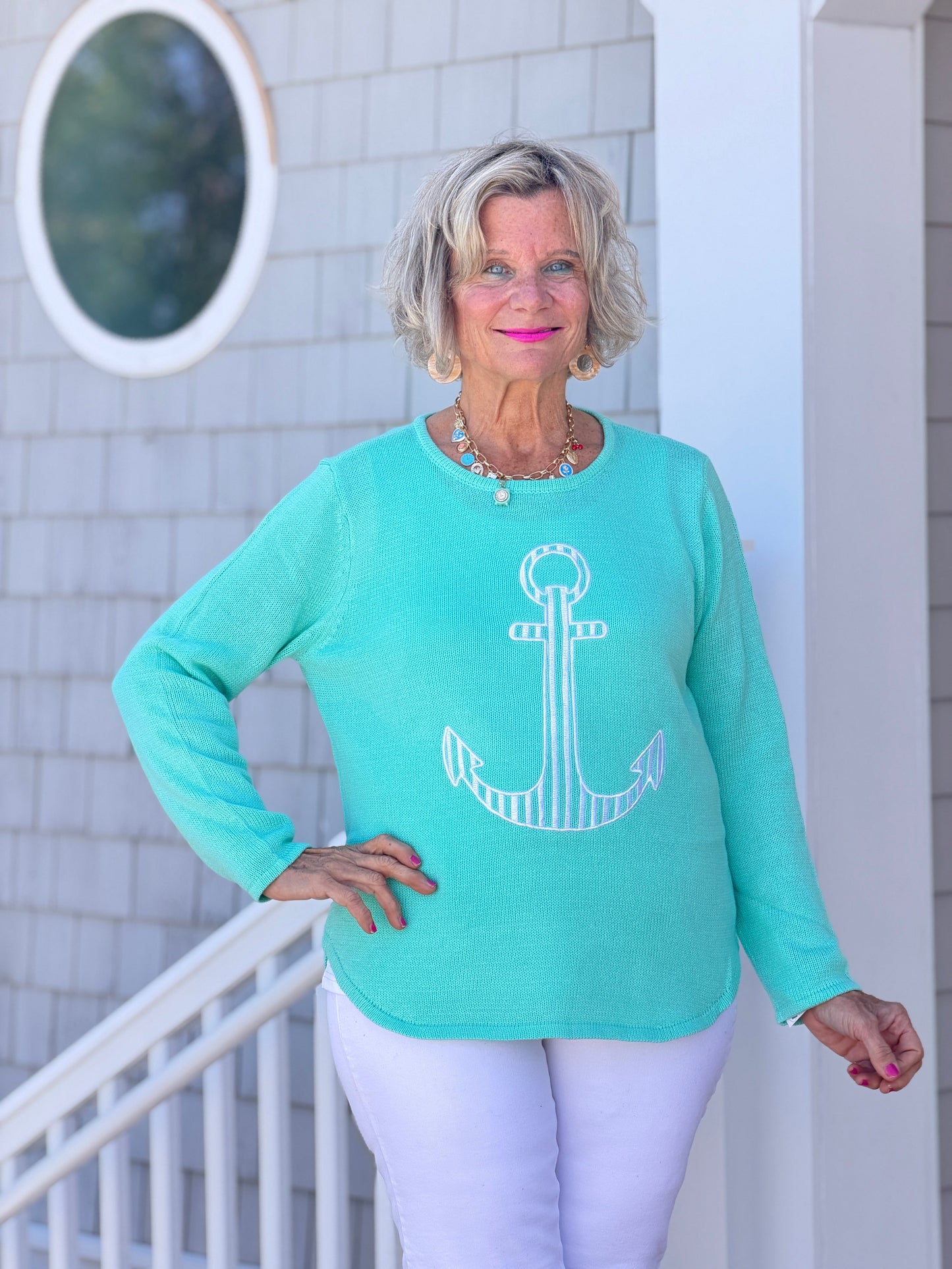 DOCKSIDE NAUTICAL SEAFOAM NAUTICAL STRIPE SWEATER