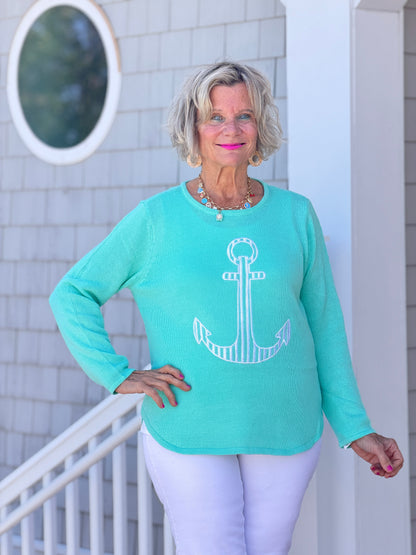 DOCKSIDE NAUTICAL SEAFOAM NAUTICAL STRIPE SWEATER