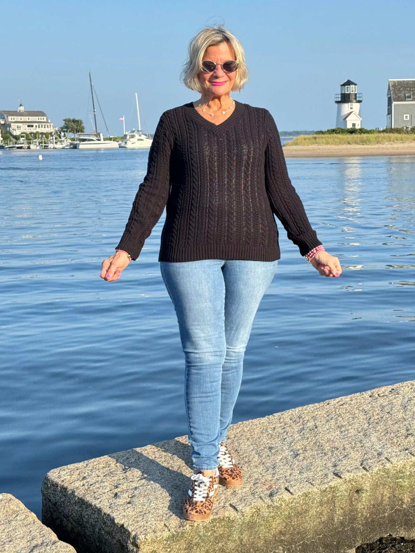 LULU-B CABLE BLACK V NECK SWEATER