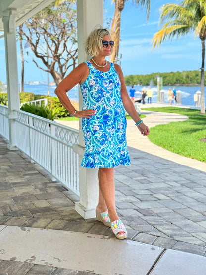 BLUE DREAMING HEARTS  HALTER RUFFLE DRESS
