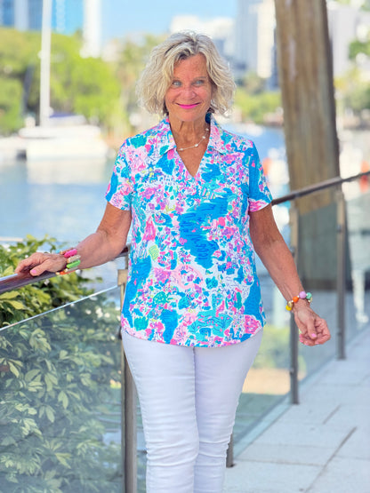 LULU B PALM BEACH SPLASH COLLAR SHORT SLEEVE
