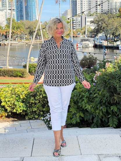 LULU B MIDNIGHT TRELLIS HALF ZIPPER TOP