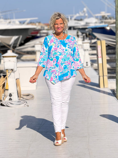LULU B PALM BEACH SPLASH ASYMMETRIC TOP
