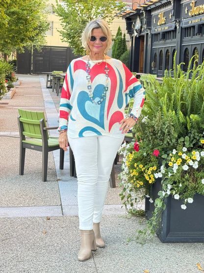 Beige Heart Round Knit Printed Sweater