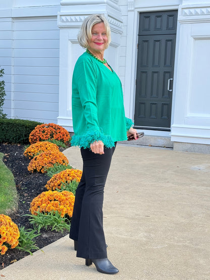 LULU-B EMERALD CASHMERE FRINGE FANCY CARDIGAN