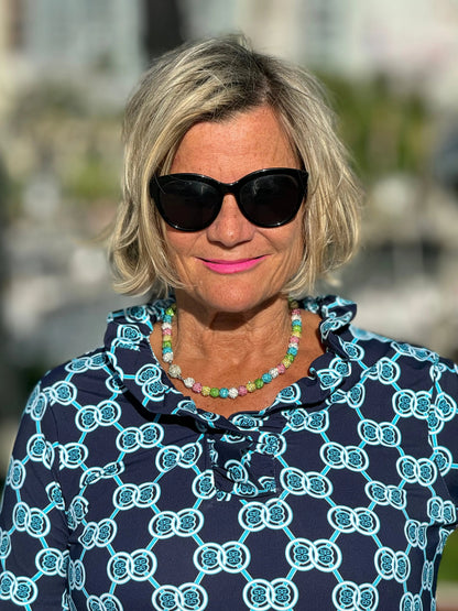 BLUE MEDALLION RUFFLE SLEEVE TOP